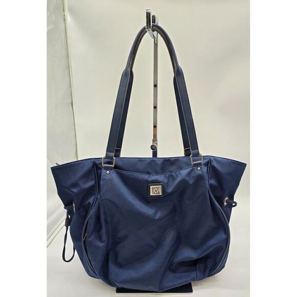 Large Anne  Klein Navy Tote Bag With Double Handles & Drawstring Accents - Picture 1 of 9